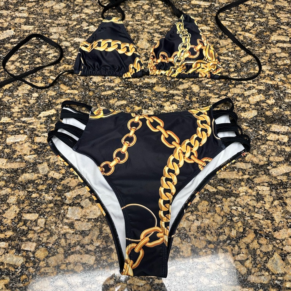 SHEIN Black and Gold Chain Design High Waisted Bikini - Size Small